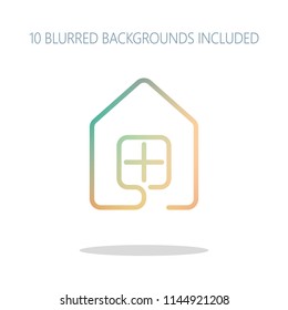 house with window icon. line style. Colorful logo concept with simple shadow on white. 10 different blurred backgrounds included