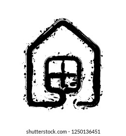 house with window icon. line style. Black ink with splashes on white background