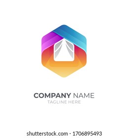 House window logo in hexagon shape, Colorful real estate logo design