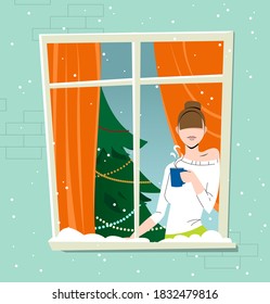 House window on Christmas or New Year's evening. A girl with a mug of hot coffee or tea is leaning against the frame, looking out the window. Modern flat style cartoon vector illustration. EPS-10.