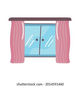 ventana de la casa con cortinas rosas sobre fondo blanco