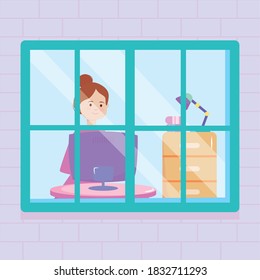 house window showing a woman with a computer in the home study over white background, colorful design, vector illustration