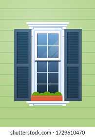 house window with shutters vintage building facade vertical vector illustration
