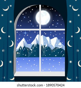 Ventana de casa con paisaje de montaña invernal. Ver desde la ventana. Ilustración del vector