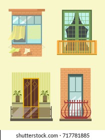 House windows and balcony different stlyes exterior decor vector flat icons