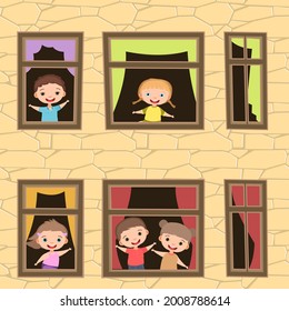House windows. Children are having fun. Day. Cartoon style school. Stone walls of a high-rise building. Little boys and girls. Flat style. Vector