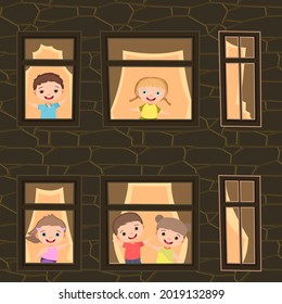 House windows. Children are having fun. Night. Cartoon style school. Stone walls of a high-rise building. Little boys and girls. Flat style. Vector