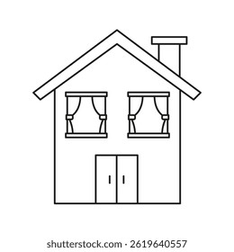 House With Windows And Chimney Line Icon. Residential Architecture And Home Design Outline Symbol. Real Estate, Property, And Living Space Concept. Editable Stroke. Isolated Vector Illustration.