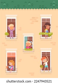 House windows with cute kids inside, behavior and lifestyle activity vector illustration. Cartoon children neighbors eat morning coffee sandwich, water flowers and play sports, read book with cat