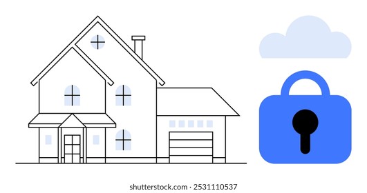 House with windows and garage alongside cloud and lock icon. Ideal for smart home systems, home security, cloud computing, digital protection, modern living. Clean, minimalistic, modern