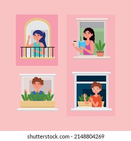 ventanas de casa con gente, set