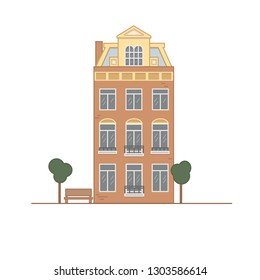 House with windows,trees and bench vector 