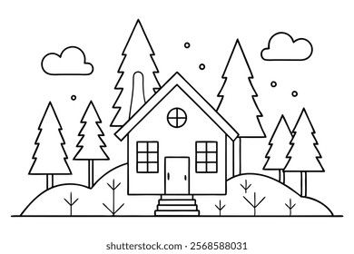  House in the Winter Forest - Coloring Page - Outline Vector Illustration