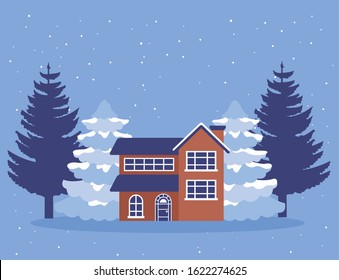 house in winter landscape scene vector illustration design