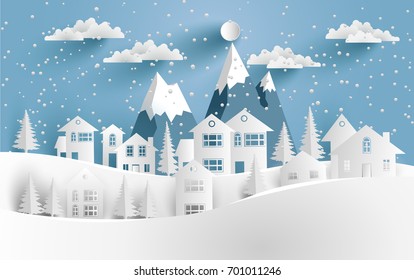 house in winter with mountains. paper cut design