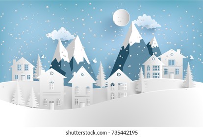 house in winter with mountains. paper cut design