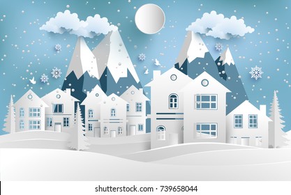 house in winter with mountains. paper cut design