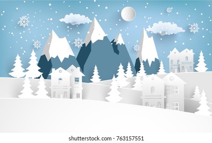 house in winter with mountains. paper cut design