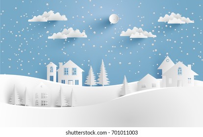 house in winter with paper art design