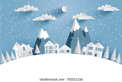 house in winter with paper art design