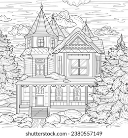 
House in winter.Coloring book antistress for children and adults. Illustration isolated on white background.Zen-tangle style. Hand draw 