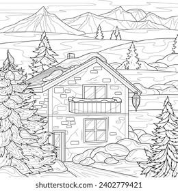 House in winter.Coloring book antistress for children and adults. Illustration isolated on white background.Hand draw