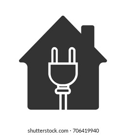 House with wire plug glyph icon. Silhouette symbol. Home electrification. Negative space. Vector isolated illustration