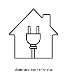 House with wire plug inside linear icon. Electric utilities. Home electrification. Thin line illustration. Contour symbol. Vector isolated outline drawing