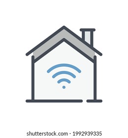 House with wireless signal color line icon. Remote control of smart home vector outline colorful sign.