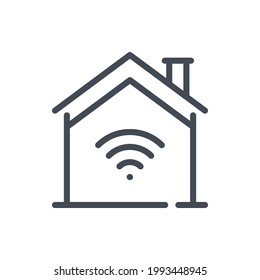 House with wireless signal line icon. Remote control of smart home vector outline sign.