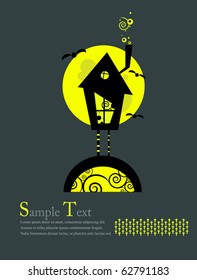 House witch against a full moon with bats. Illustration