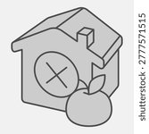 House without food isometric icon, food assistance concept. Vector graphics. House with cross and apple sign with outline style for mobile or web design