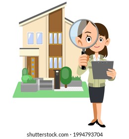 A house with a woman in a construction shop holding a magnifying glass and documents