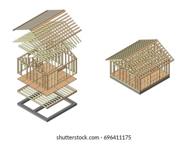 Construcción de marcos de madera para casas. Cartel de la obra de una empresa constructora.