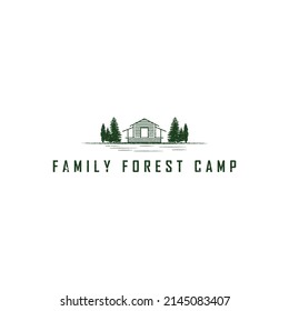 a house in the wood on the lake or cabin rent logo design inspiration inspired from an illustration of a line art cabin in the forest with pine trees