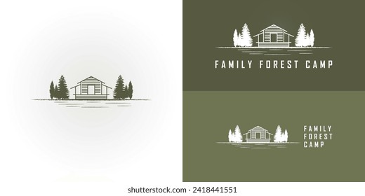 Ein Haus im Holz auf dem See oder Hüttenlogo, inspiriert von einer Illustration einer Line Art Hütte im Wald mit Kiefern und verschiedenen Hintergrundfarben. Logo-Design der Waldkabine