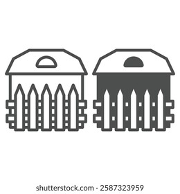 House with wooden fence line and solid icon, housing market concept. Vector graphics. Cottage building protection sign on white background, outline style icon for mobile or web design