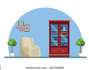 House wooden library with sofa furniture home building interior scenery ,vector illustration graphic design.