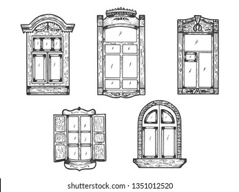 House wooden old windows sketch engraving vector illustration. Scratch board style imitation. Black and white hand drawn image.