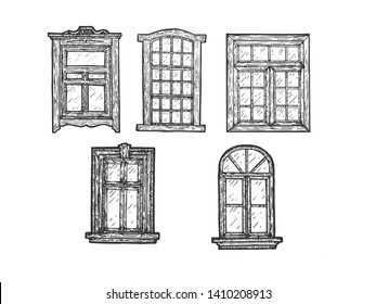 House wooden old windows sketch engraving vector illustration. Scratch board style imitation. Black and white hand drawn image.
