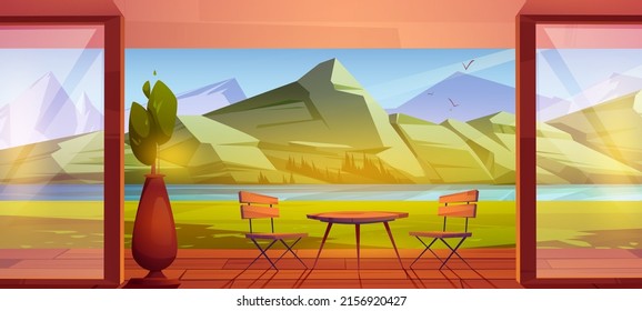 Haus Holzterrasse im Bergtal mit See. Vektorkartoon-Illustration der Sommerlandschaft mit Fluss, Felsen und Cottage Veranda mit Tisch, Stühlen und Pflanze in Topf