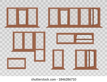 Ventanas de madera de la casa y marcos de balcón en diferentes formas conjunto de ilustraciones vectoriales realistas aisladas en un fondo transparente. Ventanas acristaladas y entradas de puerta.
