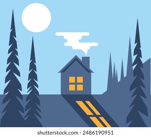 House in the Woods at Night with Moonlight Flat Style. Nature and vacation places concept vector art