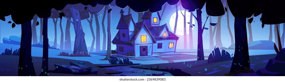 Haus in Wald nachts unter Mondlicht. Gemütliches, ruhiges Haus mit Licht in den Fenstern steht unter Bäumen in dunkler Nacht. Cartoon Vektorwaldlandschaft mit Flitterwochen und Vollmond, Landhaus.