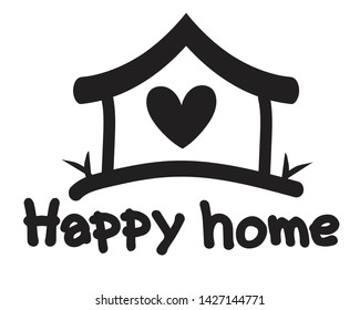 
 House and word Happy home,Cute house on white background. Cozy lifestyle.