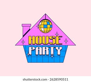 House with the words "HOUSE PARTY" in bold fonts  sparkles and a golden disco ball cartoon vector hand drawn illustration for icon or banner invitation party
