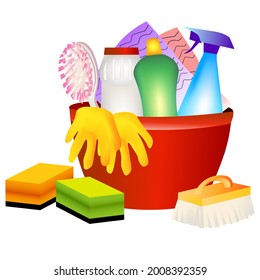 Limpieza de trabajo en la casa, vaina, productos de lavado, esponjas, suministros y herramientas aisladas en fondo blanco. Ilustración vectorial de servicios de saneamiento, química e higiene.
