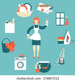 House work concept vector illustration. Woman housekeeper doing house work. Cleaning design concept with flat icons set.