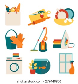 House Work Concept Vector Illustration. Cleaning Design Concept With Flat Icons Set Isolated On White Background.