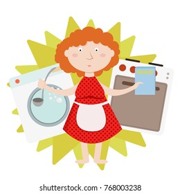 House work and household, everyday housekeeping, woman cooking and laundering, isolated vector illustration concept